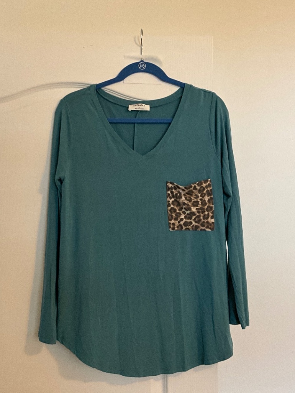 Zenana cute green with leopard accent, long sleeve shirt